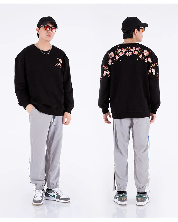 Vintage Flower Embroidery Sweatshirt Hoodies men