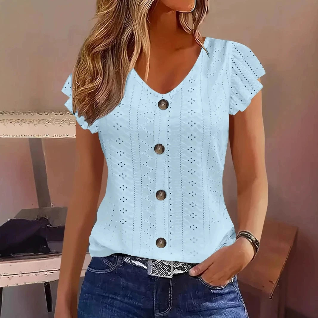 Ruffle sleeve V-neck T-shirt