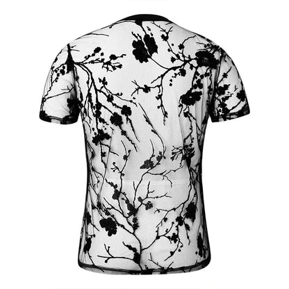 Hollow-Out O Neck Short Sleeve Tees Rose Printed  Knitwear for Men