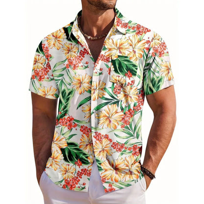 Hawaiian Botanical Flower Print Lapel Seaside Shirt