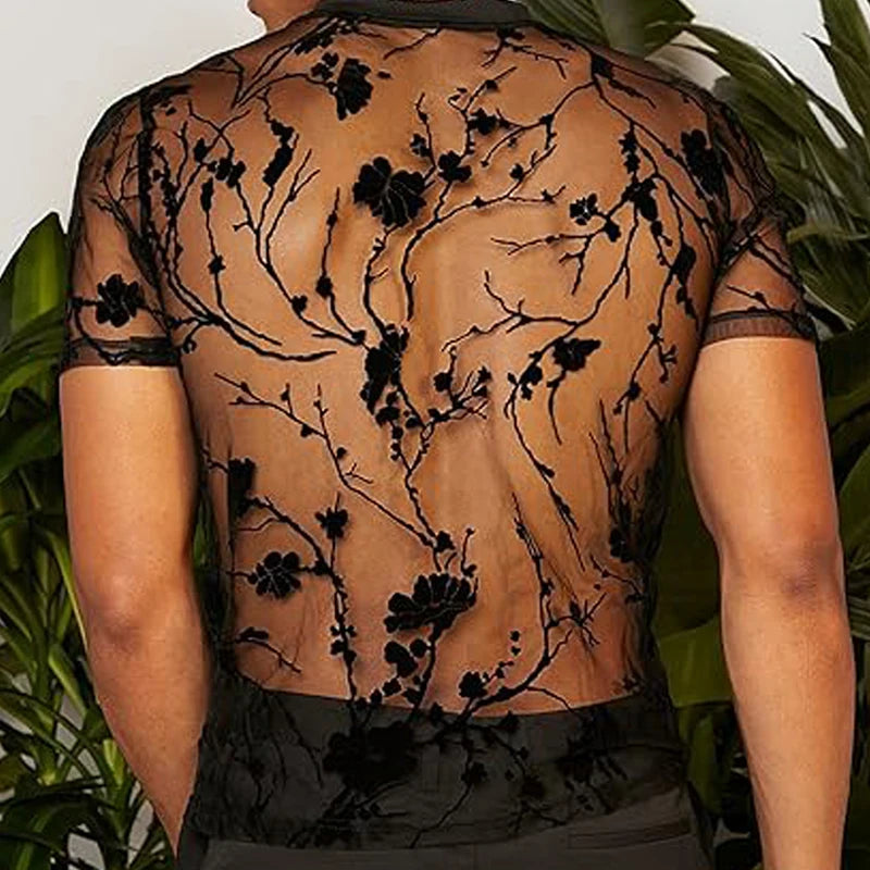 Hollow-Out O Neck Short Sleeve Tees Rose Printed  Knitwear for Men