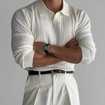 Retro Knit Lapel Striped Polo Shirt for Men