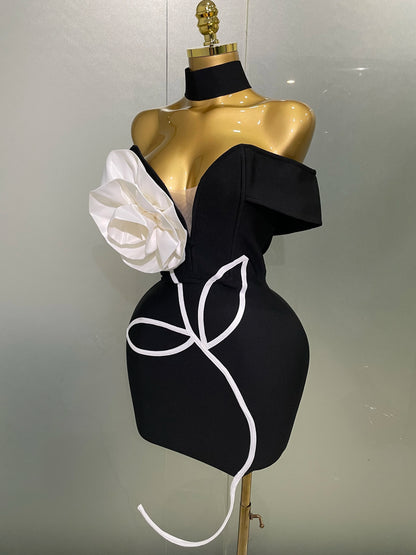 White Flower Black Mini Bodycon Bandage Dress