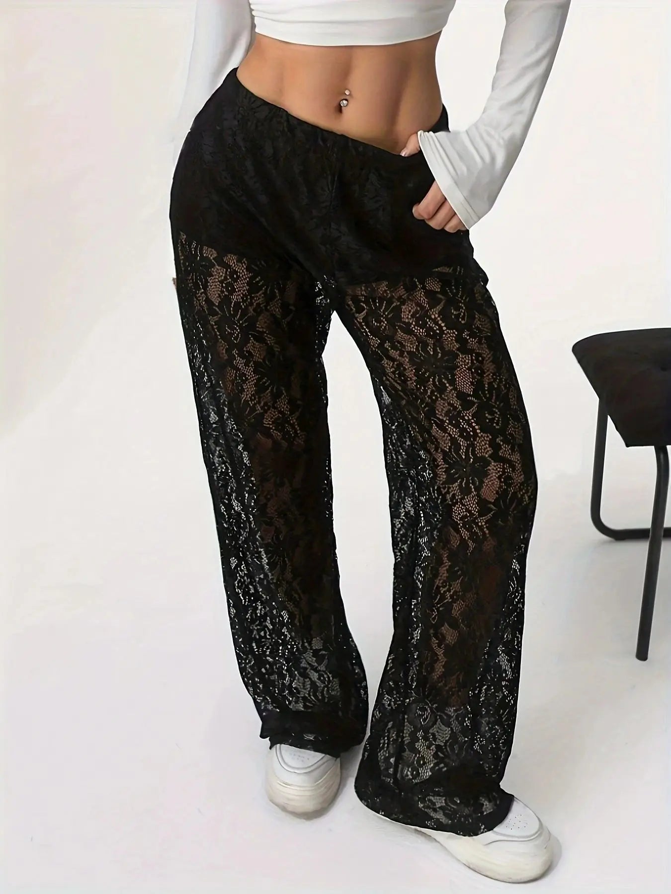 Lace Jacquard Micro Transparent Splicing Straight Leg Casual Pants