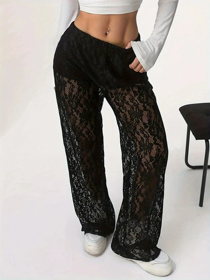 Lace Jacquard Micro Transparent Splicing Straight Leg Casual Pants