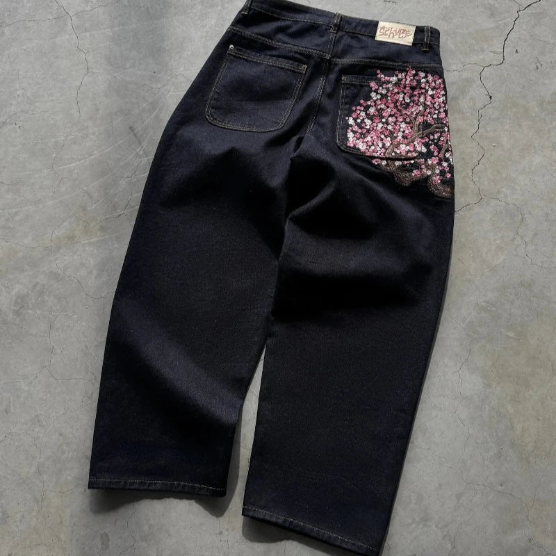 Cherry Blossom Selvedge Embroidery Denim Pants Unisex
