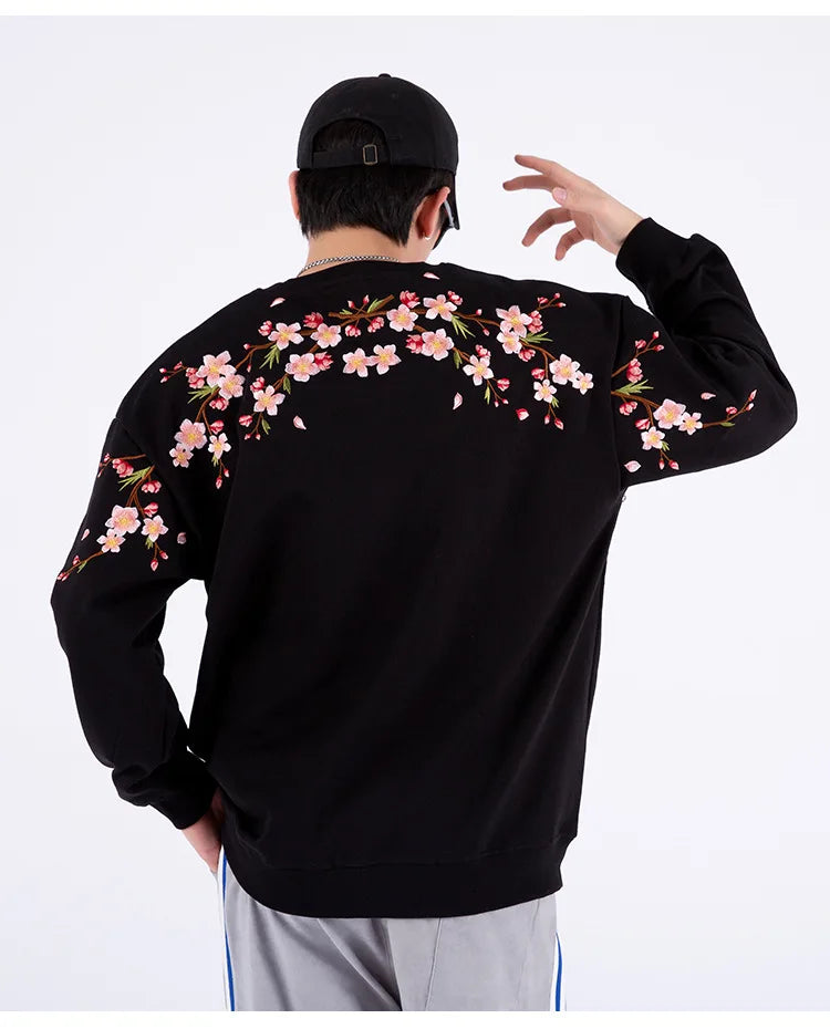Vintage Flower Embroidery Sweatshirt Hoodies men
