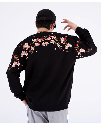 Vintage Flower Embroidery Sweatshirt Hoodies men