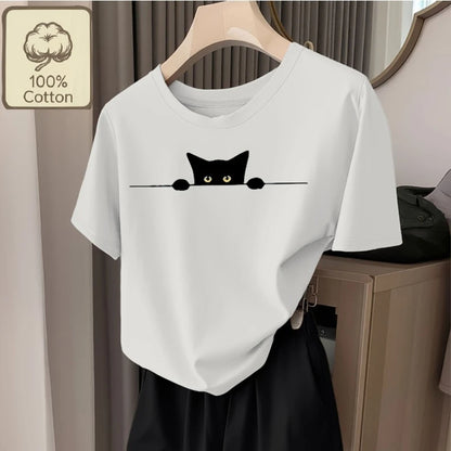 Black Cat Peeping Women Casual Round Neck T-shirt