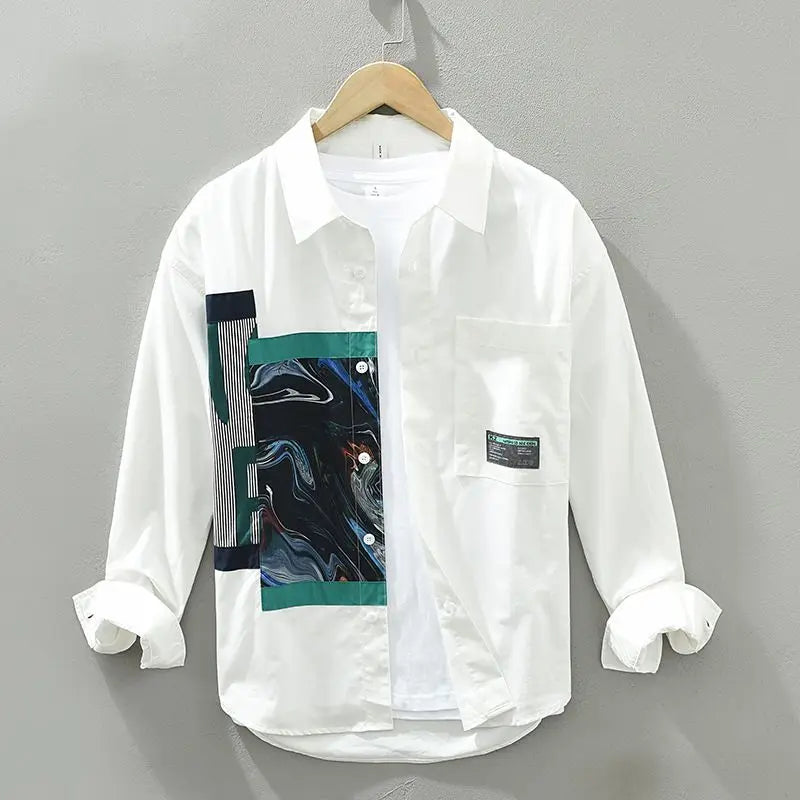 Spliced Square Collar Button Pocket Printed Shirt for Men