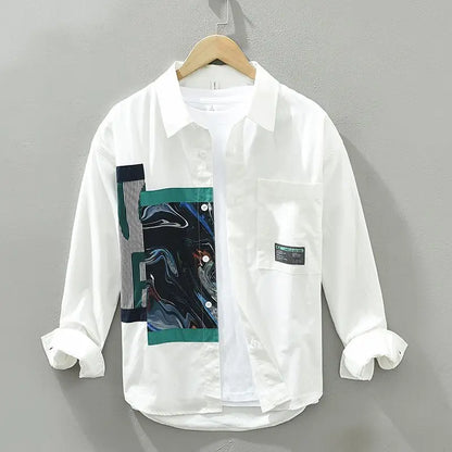 Spliced Square Collar Button Pocket Printed Shirt for Men