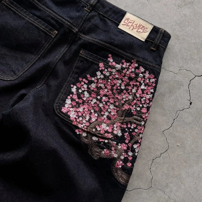 Cherry Blossom Selvedge Embroidery Denim Pants Unisex