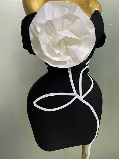 White Flower Black Mini Bodycon Bandage Dress