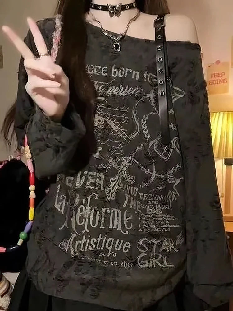 Oversize Off shoulder Ripped Baggy T-shirt