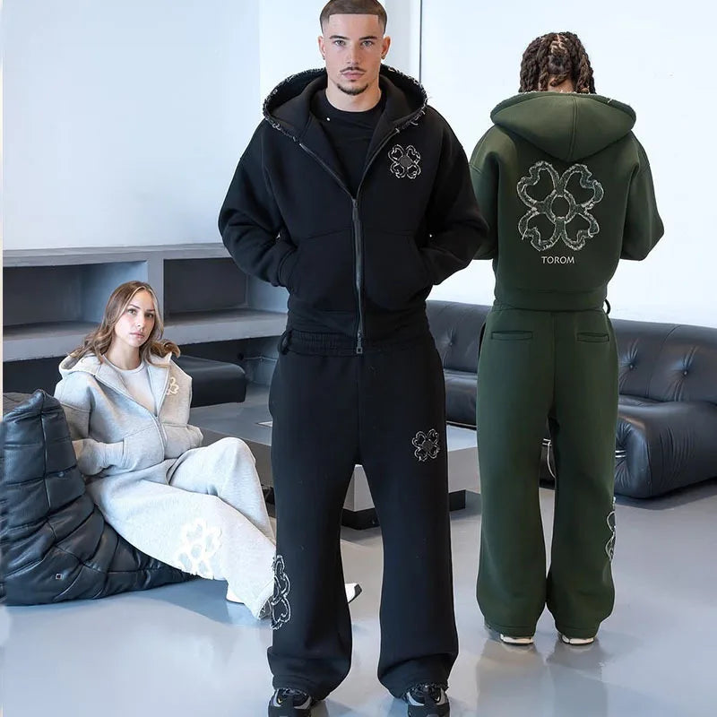 Olive Green Embroidered Zip Hoodie for Unisex