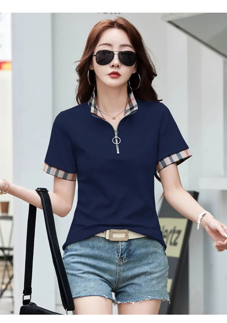 Polo Collar Checkered Short sleeved T-shirt Women's