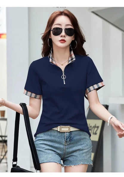 Polo Collar Checkered Short sleeved T-shirt Women's