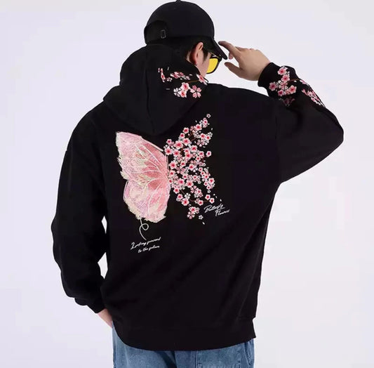 Butterfly Embroidery Solid Pocket Hooded Unisex