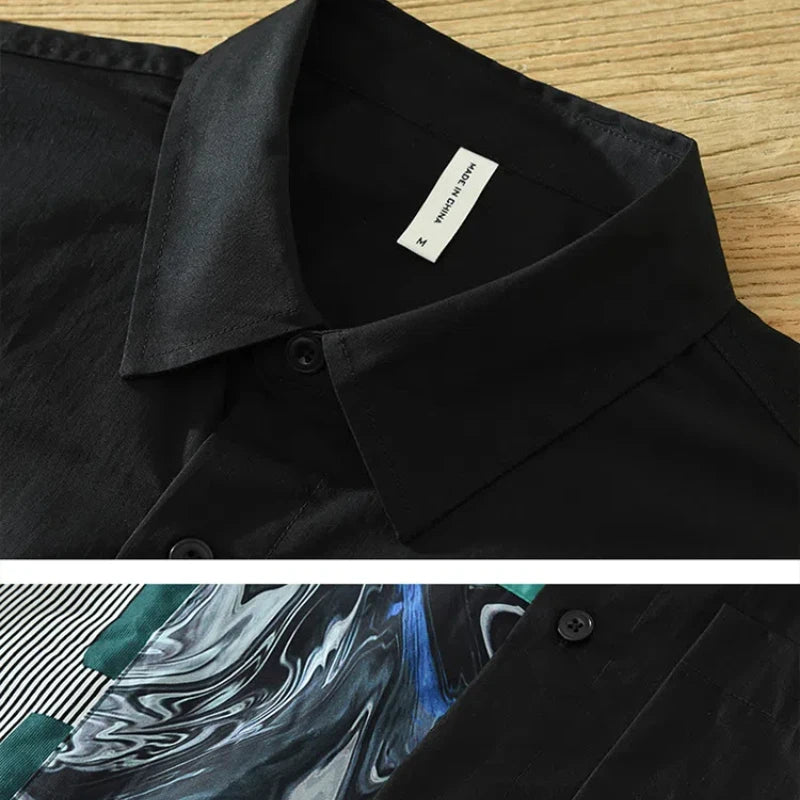 Spliced Square Collar Button Pocket Printed Shirt for Men