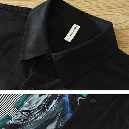 Spliced Square Collar Button Pocket Printed Shirt for Men