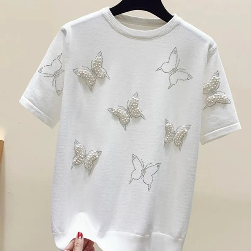 Chic Bow Knot Embroidered Flares T-shirt for Women