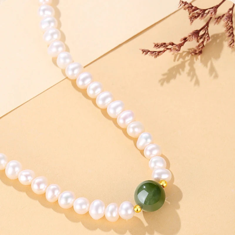 Pearl Chain Choker Green Beads Freshwater Necklace
