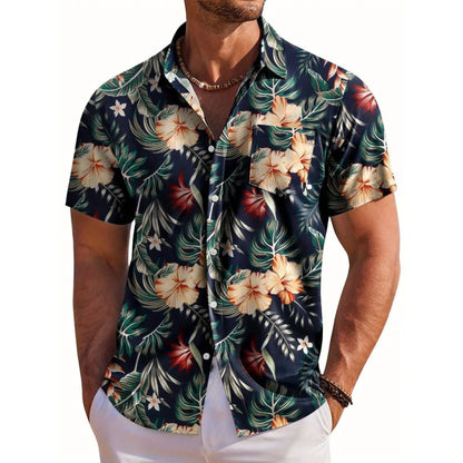 Hawaiian Botanical Flower Print Lapel Seaside Shirt