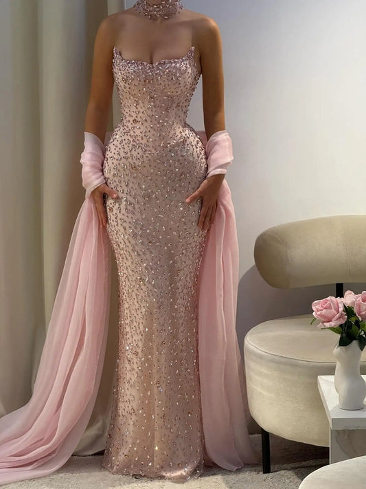 Pink Crystal Beaded Strapless Dress With Shawl