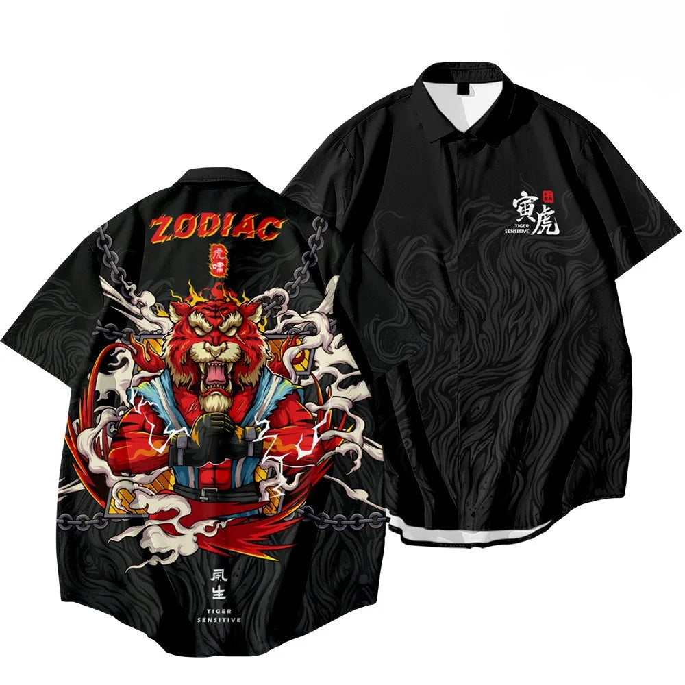 Black Dragon Tiger Print Ethnic Shirt