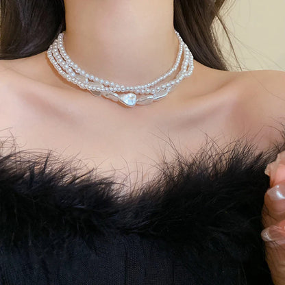 Chokers Retro Neck Imitation Pearls Heart Chain