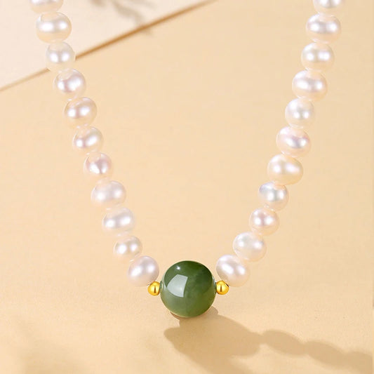 Pearl Chain Choker Green Beads Freshwater Necklace