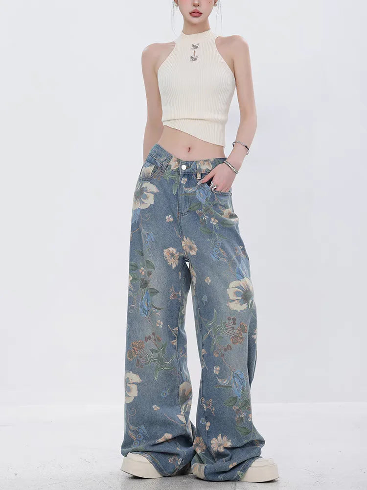 Women's Flower Print Baggy Jeans