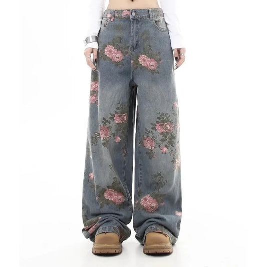 Women's Blue Flower Baggy High Waist Wide Leg Retro Jeans