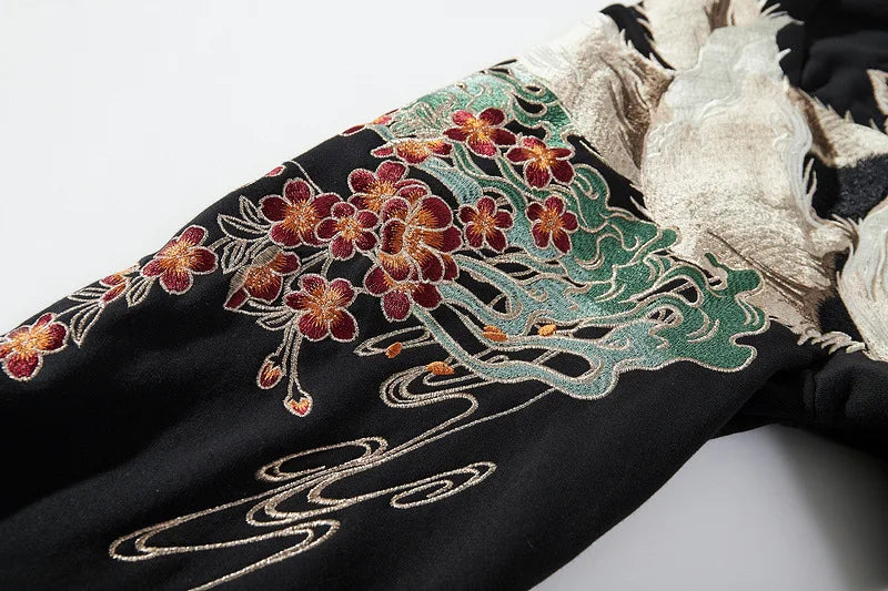 Fox Embroidery Black Hoodie for Men