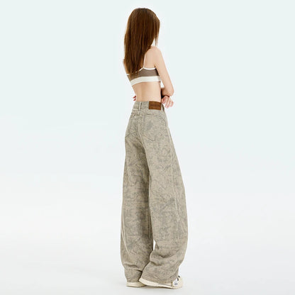 Vintage Inspired Wide Bottom Artistic Print Distinctive Denim