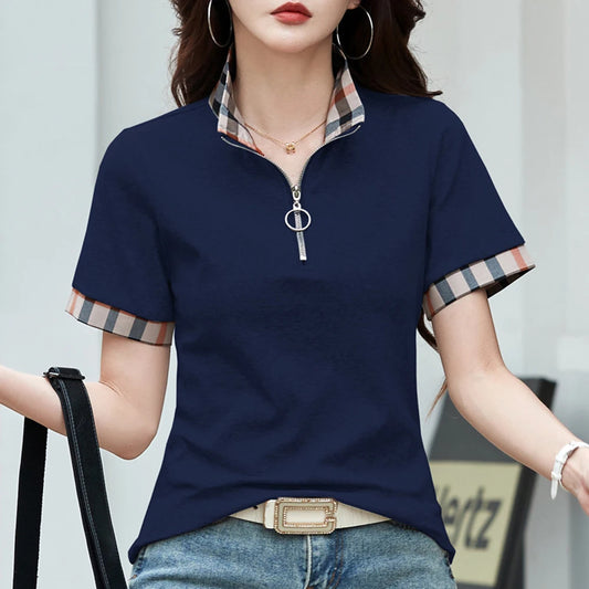 Polo Collar Checkered Short sleeved T-shirt Women's