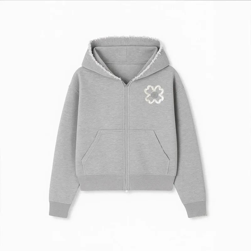 Olive Green Embroidered Zip Hoodie for Unisex